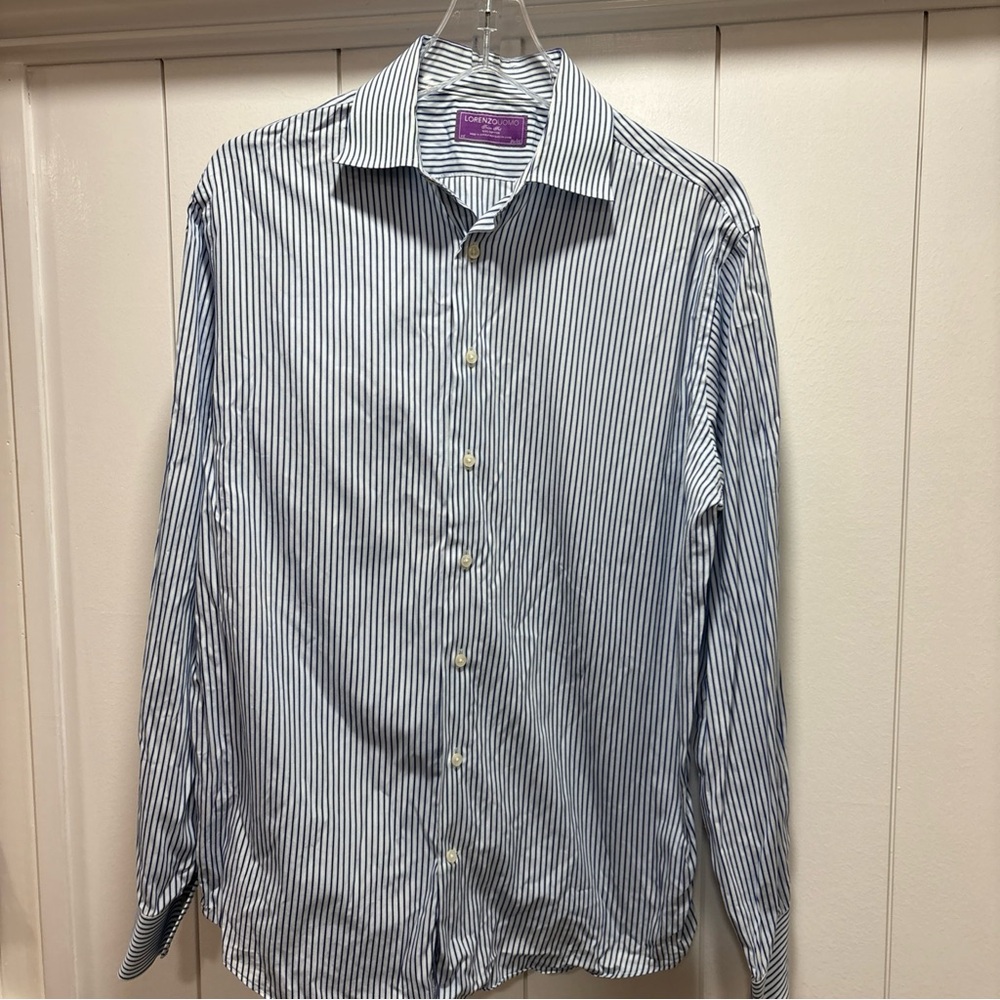 LORENZO UOMO Men's Blue White Stripe Shirt Trim Fit Button Up - 16 (34-35)